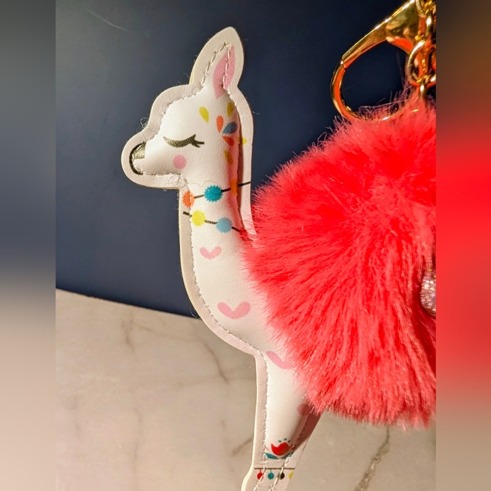 Cute Llama Bag Charm /Keychain w/ Berry Red Pom Pom Stitched Faux Leather ๐๐๐ - Picture 3 of 5